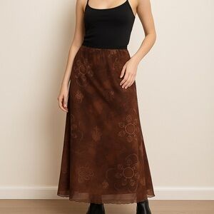 Brown Boho Maxi Skirt with Lace Waistband – Sheer Overlay – Floral Paisley